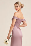 Vintage Mauve Satin Sheath Long Bridesmaid Dress with Slit