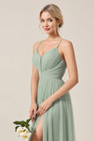 Matcha A Line Spaghetti Straps Long Bridesmaid Dress with Slit