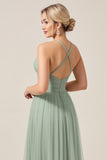 Matcha A Line Spaghetti Straps Long Bridesmaid Dress with Slit