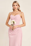 Sheath Candy Pink Strapless Satin Long Bridesmaid Dress