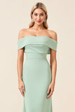 Sheath Mint Satin Long Off the Shoulder Bridesmaid Dress