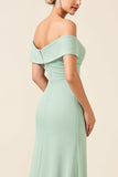 Sheath Mint Satin Long Off the Shoulder Bridesmaid Dress