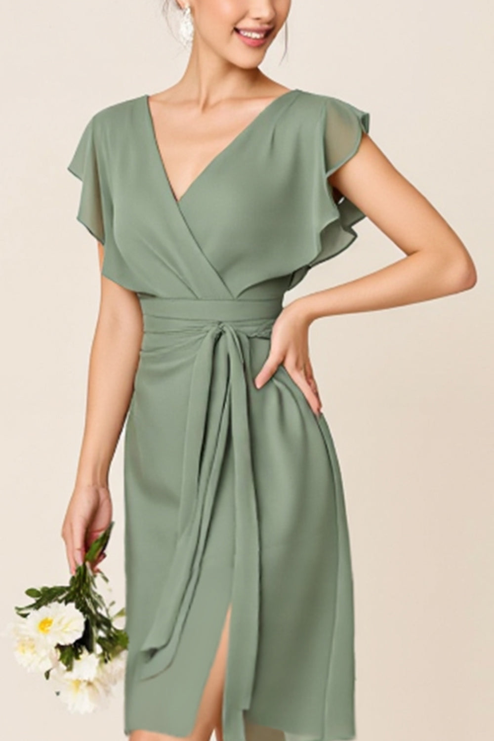 Eucalyptus Chiffon V-Neck Midi Bridesmaid Dress with Cap Sleeves