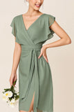 Eucalyptus Chiffon V-Neck Midi Bridesmaid Dress with Cap Sleeves