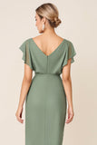 Eucalyptus Chiffon V-Neck Midi Bridesmaid Dress with Cap Sleeves