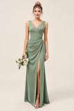 Satin Eucalyptus Sheath V-Neck Long Bridesmaid Dress with Slit