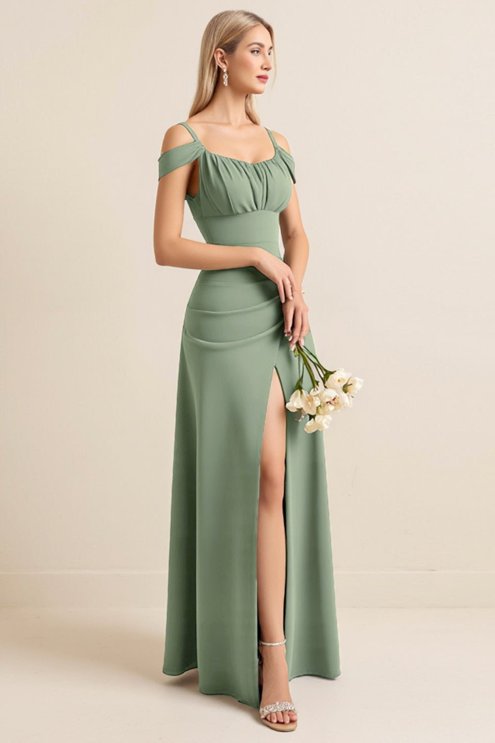 Eucalyptus Sheath Cold Shoulder Long Bridesmaid Dress with Slit
