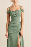 Eucalyptus Sheath Cold Shoulder Long Bridesmaid Dress with Slit