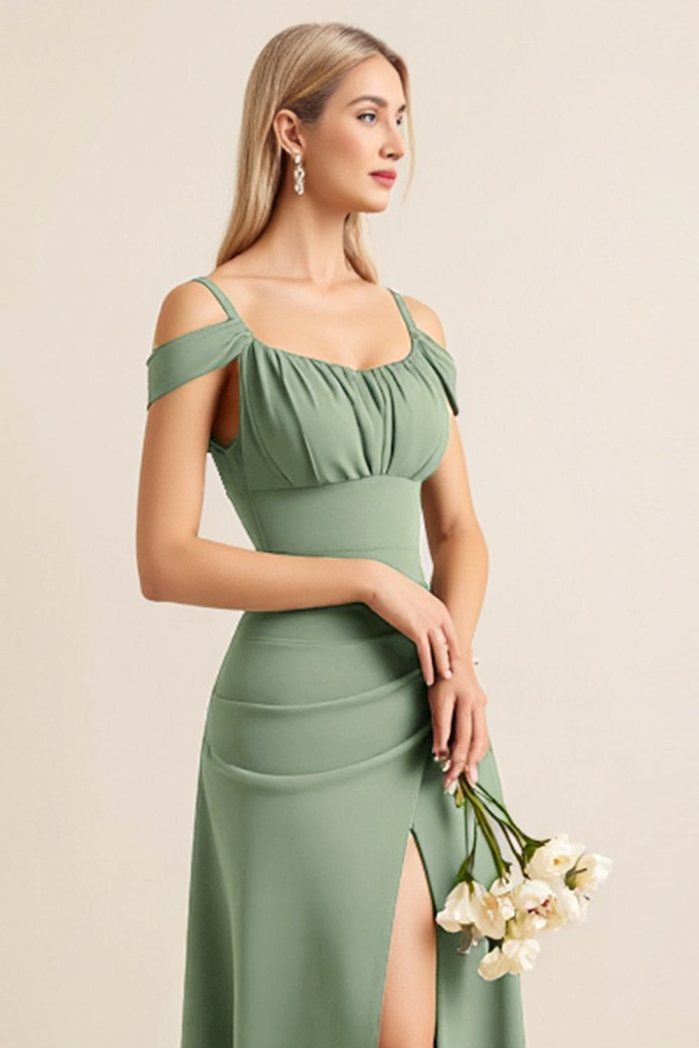 Eucalyptus Sheath Cold Shoulder Long Bridesmaid Dress with Slit