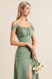 Eucalyptus Sheath Cold Shoulder Long Bridesmaid Dress with Slit