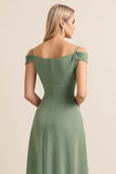 Eucalyptus Sheath Cold Shoulder Long Bridesmaid Dress with Slit