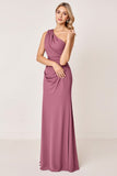 One Shoulder Vintage Mauve Satin Sheath Long Bridesmaid Dress