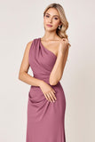 One Shoulder Vintage Mauve Satin Sheath Long Bridesmaid Dress