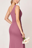 One Shoulder Vintage Mauve Satin Sheath Long Bridesmaid Dress