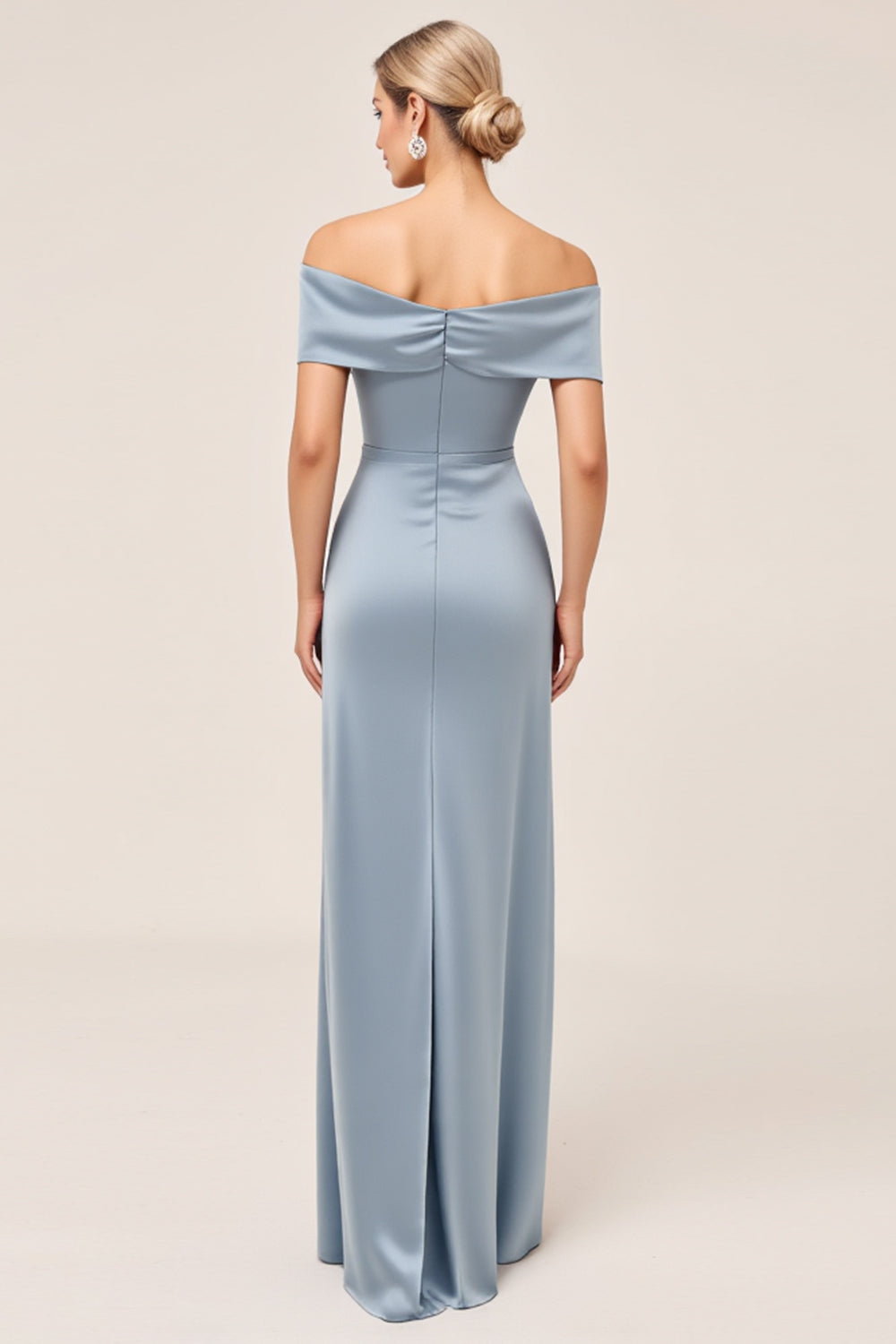 Sheath Dusty Blue Off the Shoulder Satin Long Bridesmaid Dress with Slit