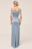 Sheath Dusty Blue Off the Shoulder Satin Long Bridesmaid Dress with Slit