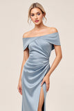 Sheath Dusty Blue Off the Shoulder Satin Long Bridesmaid Dress with Slit