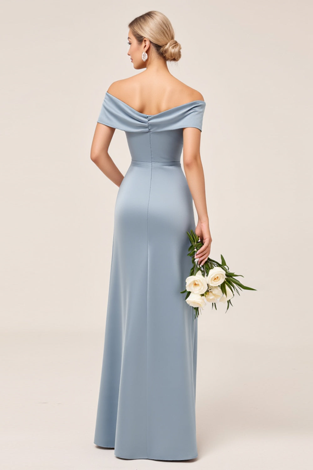 Sheath Dusty Blue Off the Shoulder Satin Long Bridesmaid Dress with Slit