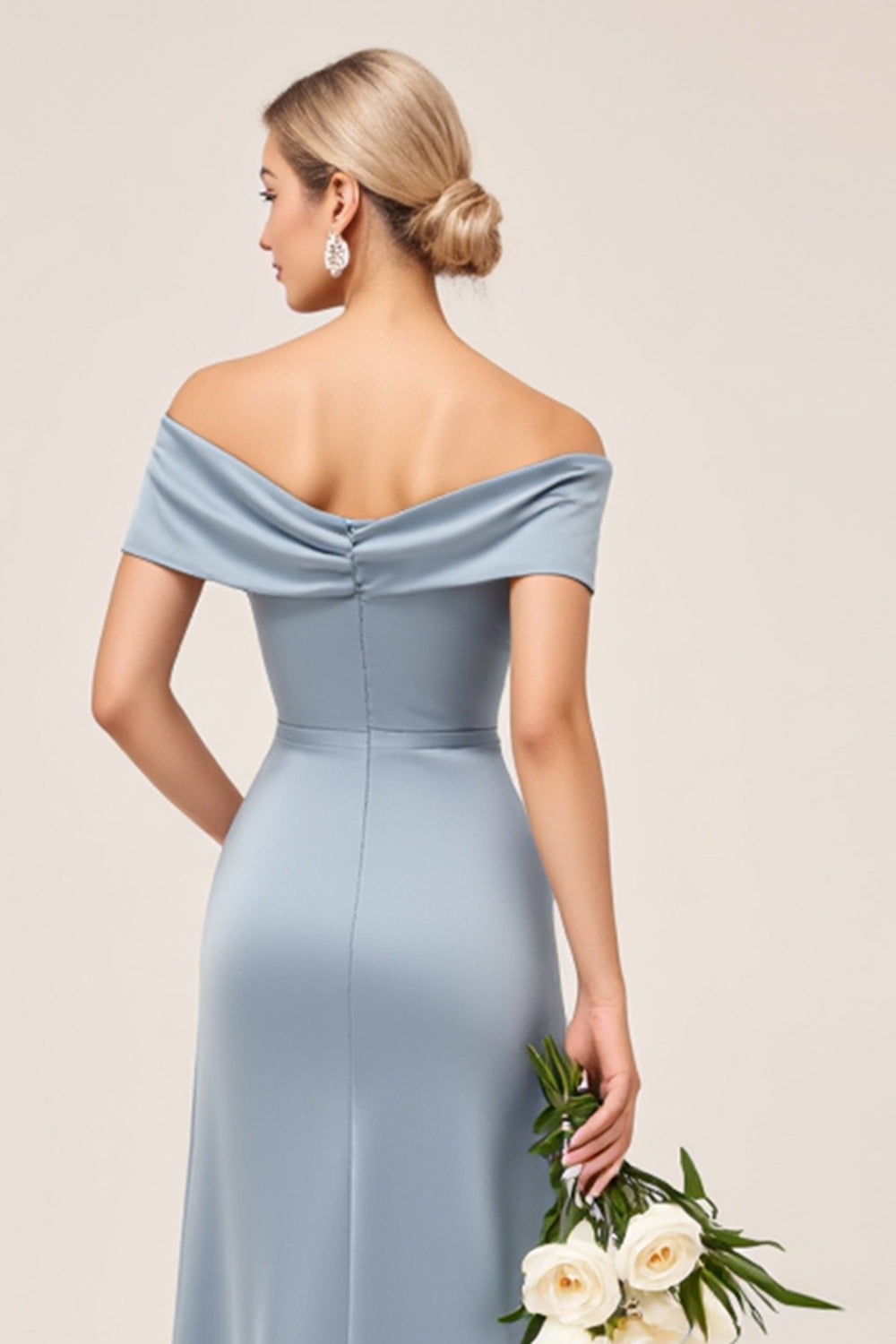 Sheath Dusty Blue Off the Shoulder Satin Long Bridesmaid Dress with Slit