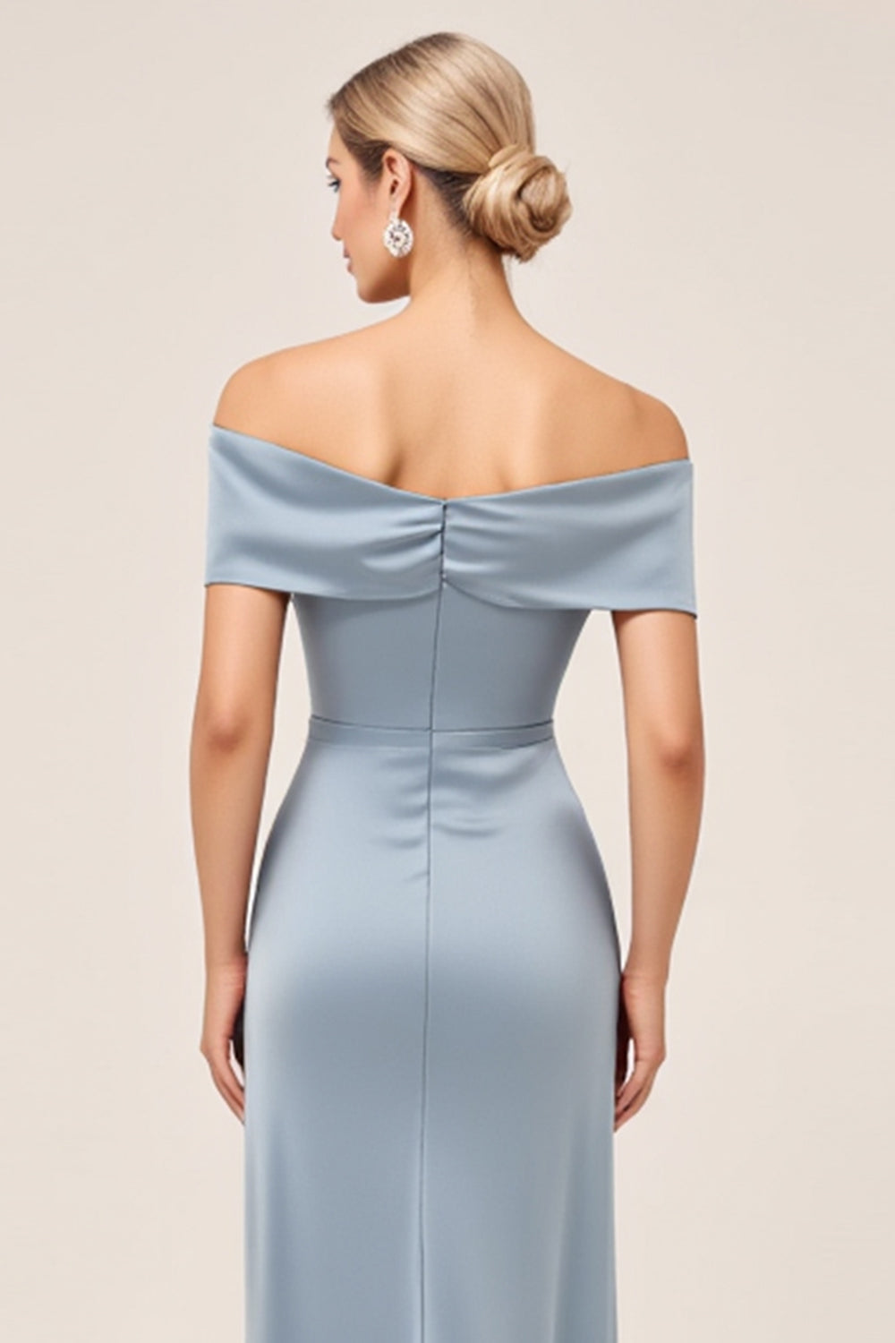 Sheath Dusty Blue Off the Shoulder Satin Long Bridesmaid Dress with Slit