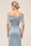 Sheath Dusty Blue Off the Shoulder Satin Long Bridesmaid Dress with Slit