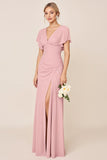 Sheath Candy Pink Satin V-Neck Long Bridesmaid Dress with Slit