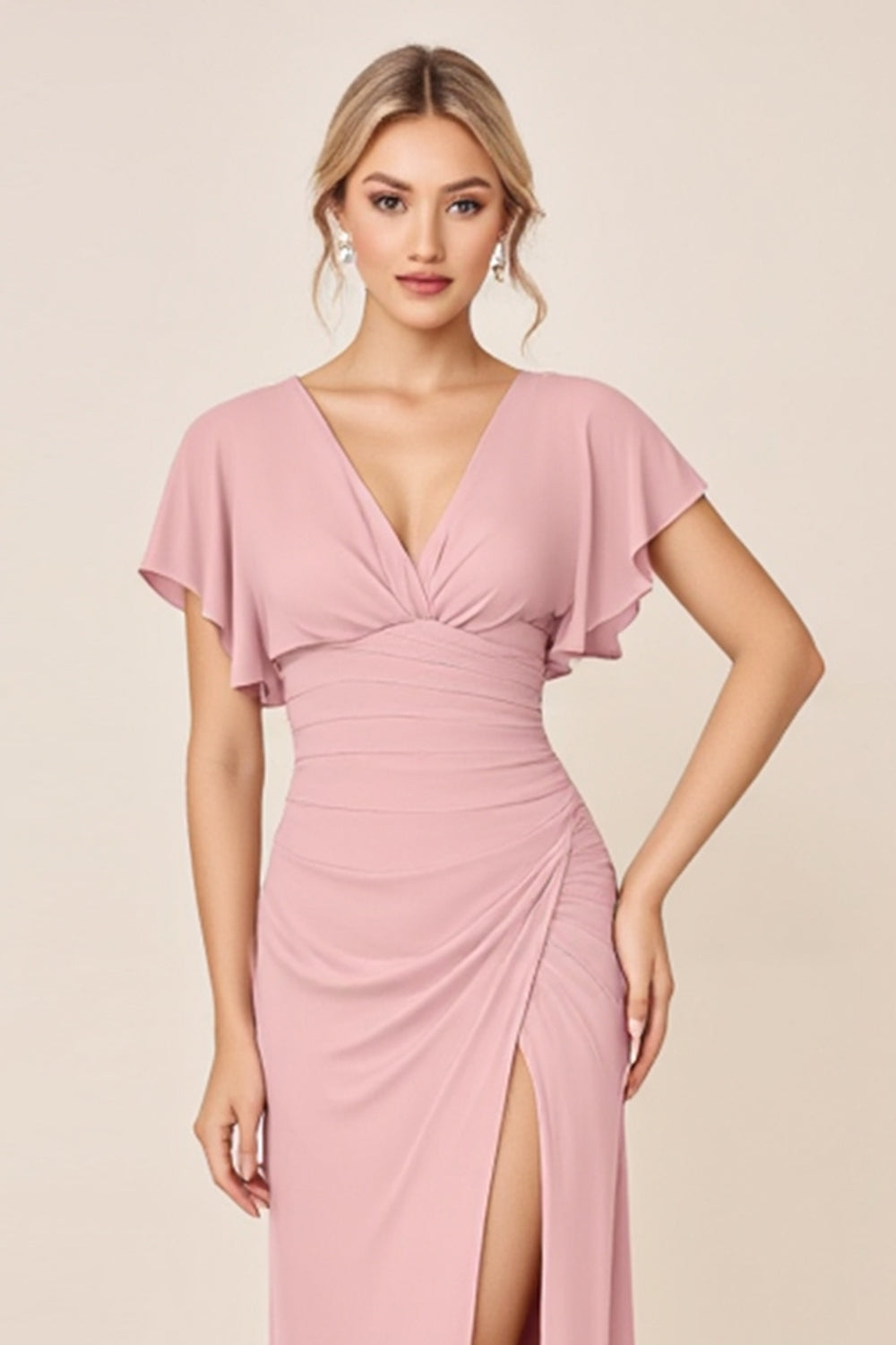 Sheath Candy Pink Satin V-Neck Long Bridesmaid Dress with Slit