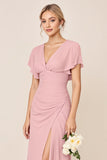 Sheath Candy Pink Satin V-Neck Long Bridesmaid Dress with Slit