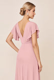 Sheath Candy Pink Satin V-Neck Long Bridesmaid Dress with Slit