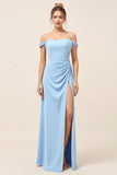 Sheath Sky Blue Satin Backless Long Bridesmaid Dress with Slit