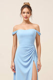Sheath Sky Blue Satin Backless Long Bridesmaid Dress with Slit