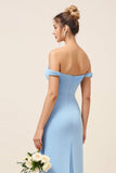 Sheath Sky Blue Satin Backless Long Bridesmaid Dress with Slit