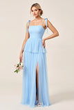 Sky Blue A Line Spaghetti Straps Long Bridesmaid Dress with Slit
