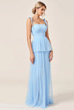 Sky Blue A Line Spaghetti Straps Long Bridesmaid Dress with Slit