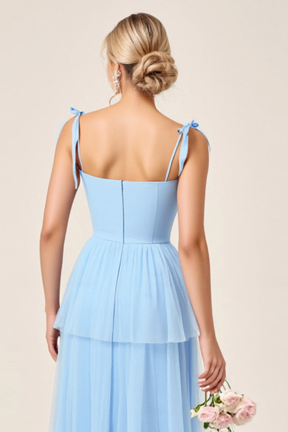 Sky Blue A Line Spaghetti Straps Long Bridesmaid Dress with Slit