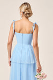 Sky Blue A Line Spaghetti Straps Long Bridesmaid Dress with Slit