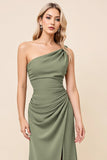 One Shoulder Eucalyptus Sheath Long Satin Bridesmaid Dress with Slit