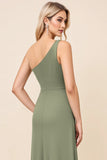 One Shoulder Eucalyptus Sheath Long Satin Bridesmaid Dress with Slit