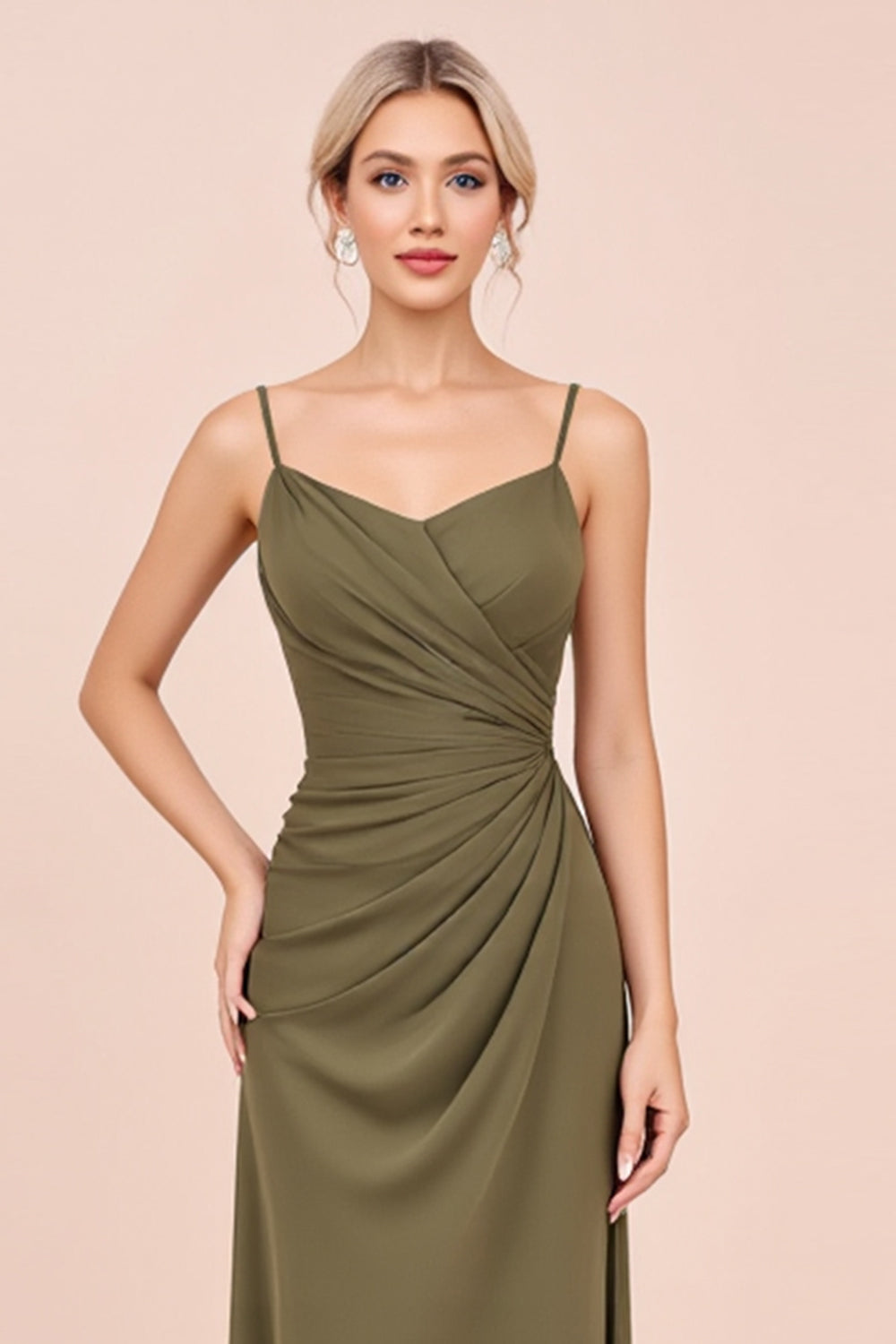 Olive Sheath Satin Spaghetti Straps Long Bridesmaid Dress