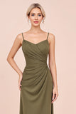 Olive Sheath Satin Spaghetti Straps Long Bridesmaid Dress