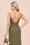 Olive Sheath Satin Spaghetti Straps Long Bridesmaid Dress