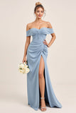 Off the Shoulder Dusty Blue Satin Long Bridesmaid Dress with Slit
