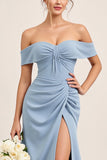 Off the Shoulder Dusty Blue Satin Long Bridesmaid Dress with Slit