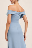 Off the Shoulder Dusty Blue Satin Long Bridesmaid Dress with Slit
