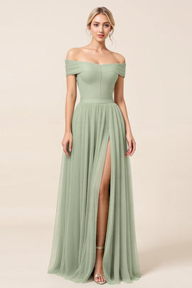 A Line Matcha Off the Shoulder Long Bridesmaid Dress with Slit