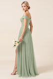 A Line Matcha Off the Shoulder Long Bridesmaid Dress with Slit