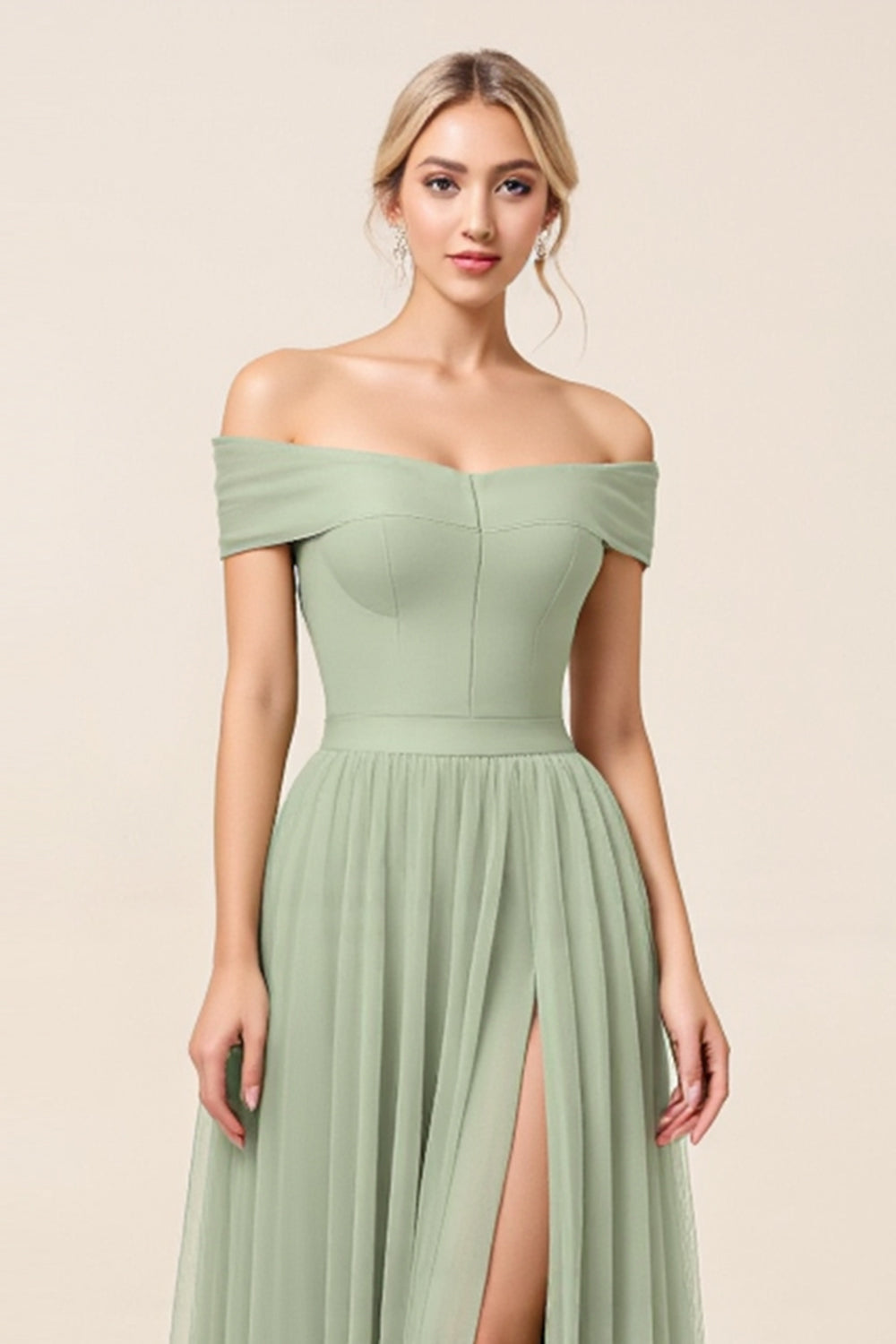 A Line Matcha Off the Shoulder Long Bridesmaid Dress with Slit