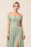 A Line Matcha Off the Shoulder Long Bridesmaid Dress with Slit