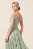 A Line Matcha Off the Shoulder Long Bridesmaid Dress with Slit