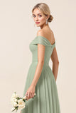 A Line Matcha Off the Shoulder Long Bridesmaid Dress with Slit